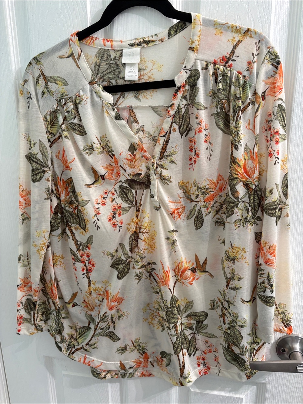 H&M Cream Floral V-Neck Blouse with Orange & Green Print